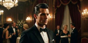 A man with slicked-back hair wearing a black tuxedo and bowtie, holding a champagne flute at a dim, formal evening gathering with chandeliers.
