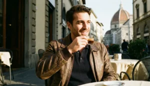 A candid outdoor shot of a smiling man in a brown leather jacket sipping an espresso at a cafe table in Florence, Italy, with the Duomo cathedral visible in the sunny background.