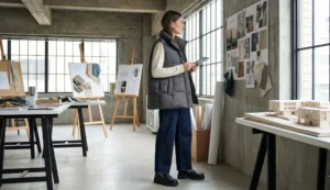 A woman standing in a sunlit industrial design studio, holding a tablet and looking at a mood board on the wall. She wears a dark grey oversized quilted vest over a long-sleeve tee, dark wide-leg jeans, and chunky loafers. Architectural models and art supplies are visible in the background.