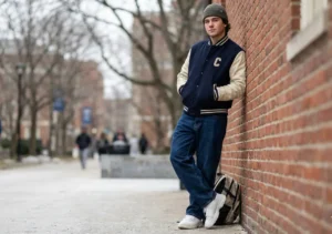 A photo of a young man in a trendy navy and cream varsity jacket with a 'C' patch, a beanie, and relaxed-fit jeans, leaning against a brick wall on a college campus.