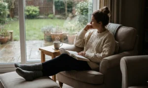 A cozy photograph of a woman sitting in a plush armchair by a large window, looking out at a rainy garden. She is wearing a massive cream cable-knit sweater, black leggings, and thick wool socks, with an open book on her lap and a steaming mug on a side table.