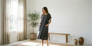 A woman standing barefoot in a minimalist room, wearing a relaxed charcoal grey dress with her hands in the pockets. A potted olive tree and wooden bench are beside her.