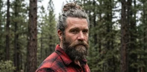 A close-up portrait of a rugged man with a salt-and-pepper messy man bun and a thick, well-groomed beard, wearing a flannel shirt in a forest setting.