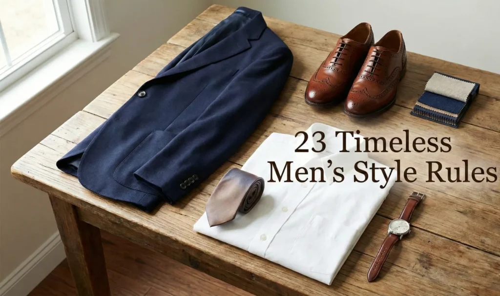 A stylish flat lay on a wooden table displaying men's wardrobe essentials like a navy blazer, white shirt, brown leather shoes, and a watch, with the title text "23 Timeless Men's Style Rules" prominently displayed in the center.
