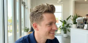 Profile portrait of a smiling blonde man with fine hair styled into a textured, airy pompadour for volume, inside a bright cafe.