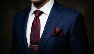 A close-up photograph focusing on the torso of a man wearing a navy blue suit, a crisp white shirt, and a deep burgundy paisley silk tie with a matching pocket square and tie bar.
