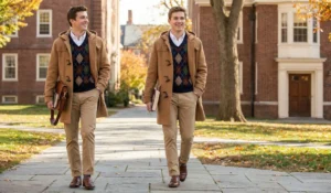 A two-panel photo of two young men walking on a college campus. Both are smiling and wear camel-colored duffle coats, patterned argyle sweater vests over white collared shirts, khaki chinos, and brown loafers. They are holding books and a leather satchel.