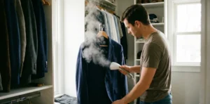 A candid shot of a man inside a walk-in closet, using a handheld garment steamer on a navy blue suit jacket hanging on a rack, with steam visibly rising.