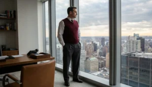 A professional man wearing grey pleated trousers and a burgundy sweater vest over a shirt and tie, standing by a large floor-to-ceiling window in a high-rise office looking out at a city skyline.