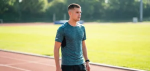 A man in athletic wear standing on a running track during a sunny day. He has a practical, short crew cut hairstyle and is looking off to the side, ready for action.