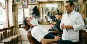 A candid photo inside an authentic barbershop. A client sits in the vintage chair with a hot towel covering his face, while a smiling barber in a white coat stands next to him holding a lather brush and razor.