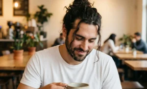 Close-up candid shot of a bearded man with dark, wavy hair tied in a loose, messy bun, looking down with a gentle smile at a ceramic coffee mug in a warm, dimly lit cafe.