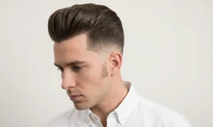 A clean-cut man looking downward, showcasing a precisely styled pompadour with a smooth taper fade on the sides against a plain white background.