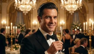 Portrait of a smiling man with slicked-back hair wearing a tuxedo, raising a glass of champagne in an opulent, chandelier-lit ballroom.