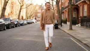 A stylish man walks down a sunlit residential street, wearing a camel sweater, white trousers, and a scarf, carrying a brown leather portfolio.