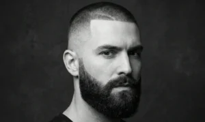 A high-contrast black and white portrait of a man featuring a sharp skin fade haircut that contrasts abruptly with a thick, dark, full beard.