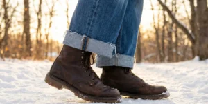 A close-up view of a person’s feet standing on snowy ground. They are wearing worn brown leather high-top boots and cuffed blue jeans, with a blurred forest background lit by golden hour sunlight.