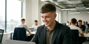 A young professional man smiling at a laptop in a busy open-plan office. He wears a grey blazer and has a trendy short crop haircut with textured hair styled forward on top and a skin fade on the sides.