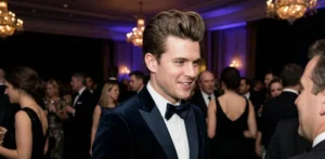 A photo of a man with a large, styled pompadour haircut and a dark velvet tuxedo smiling at a formal event.