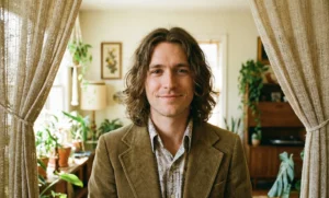 A warm portrait of a man smiling gently, with medium-length wavy hair styled in a center-parted "curtain" look. He wears a retro corduroy jacket and patterned shirt in a sunlit, bohemian room filled with plants, framed by textured curtains.
