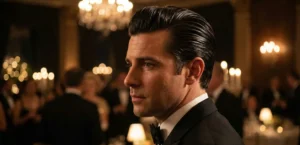 Side profile of a man in a tuxedo with a glossy, slicked-back pompadour haircut at an elegant evening event.