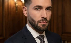 A close-up portrait of a man in a suit wearing a meticulously groomed short box beard with sharp geometric edges.