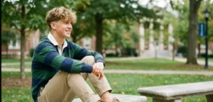 A teenage boy with messy, wavy blonde hair and tapered sides, wearing a rugby shirt and sitting on a campus bench.
