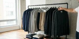 A lifestyle shot of a neatly organized open clothing rack in a modern apartment with concrete walls. It features men's clothing in neutral tones like navy, grey, and beige. A hand is reaching for a sweater on a hanger.