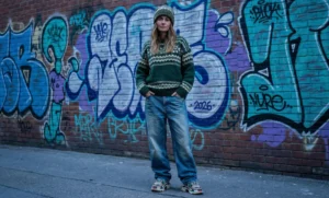 A woman posing in front of a colorful graffiti-covered wall in an urban alley. She is wearing a chunky green patterned knit sweater, a matching beanie, baggy light-wash blue jeans, and chunky sneakers.