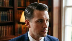 A close-up portrait of a man with an impeccably groomed classic side-part hairstyle, slicked with pomade. He is wearing a navy blue pinstripe suit in a dimly lit library with bookshelves in the background.