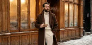 A bearded man standing outside a cozy cafe while it snows, wearing a brown wool coat and a cream cable-knit sweater, holding a steaming coffee cup.