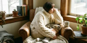 A woman with short dark hair sits curled up in a worn leather armchair by a window, gazing outside. She is completely enveloped in a chunky, oversized cream-colored cable-knit wool sweater. A tabby cat is curled up on her lap, and a chunky knitted blanket covers her legs.