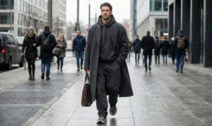 A street photograph of a man walking on a city sidewalk, wearing a long charcoal grey wool coat over a dark hoodie and loose trousers. He is carrying a brown leather tote bag, and other pedestrians are blurred in the background.