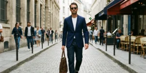 A candid street style photograph of a man wearing a fitted navy blazer, white t-shirt, dark denim jeans, and sunglasses, walking down a cobblestone street in a European city carrying a leather tote bag.