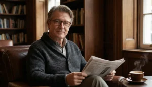 An older gentleman wearing glasses and a knit cardigan sits in a leather armchair reading a newspaper in a cozy library setting with bookshelves.