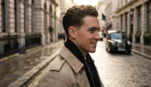 A candid shot of a smiling man with a neat Princeton haircut, wearing a beige trench coat and black scarf, standing on a blurred London street with a black taxi in the background.