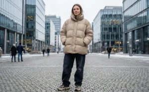 A full-body shot of a woman standing on a snowy city street. She is wearing a massive, oversized beige puffer jacket with a high collar, loose black jeans, and chunky sneakers. Modern glass buildings line the background under a grey winter sky.