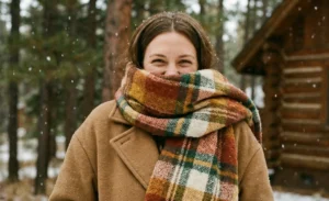 A cozy portrait of a woman smiling, her face bundled in a gigantic, thick plaid scarf with orange, green, and cream patterns. She wears a camel wool coat while snow falls around her in a forest setting near a log cabin.