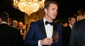 A man wearing a midnight blue tuxedo holds a champagne glass at a crowded formal evening event with a large crystal chandelier in the background.