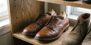 A close-up of a pair of quality brown leather derby shoes with wooden shoe trees inserted to maintain shape, sitting on an oak closet shelf next to suede boots.