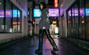 A woman poses in a wet urban alleyway at night, wearing glossy black faux leather pants, an oversized dark grey graphic hoodie, and chunky platform boots, backed by glowing neon signs.