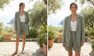 Two photos of a woman standing on a sunny terrace with a sea view. She is wearing a sage green linen blazer and shorts set, a white camisole, and strappy sandals. The left photo is a full-body shot, and the right is a three-quarter shot.