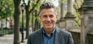 A portrait of a smiling middle-aged man with salt-and-pepper hair styled in a neat pompadour, wearing a grey blazer outdoors in a park. Image 3: A portrait of a smiling middle-aged man with salt-and-pepper hair styled in a neat pompadour, wearing a grey blazer outdoors in a park.