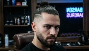 A close-up portrait of a man with a sharp fade haircut and a neat man bun on top. He has a groomed beard and is sitting in a barber's chair, with a neon "BARBER" sign visible in the background.