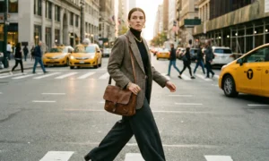 A woman crossing a busy New York City street with yellow taxis, wearing a tweed blazer, wide-leg trousers, and carrying a leather messenger bag