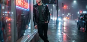 At night, a man in a black leather jacket leans against a shop window, with neon lights reflecting on the wet street.