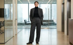 A woman in a dark grey oversized pant suit and black turtleneck standing confidently in a modern office lobby