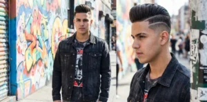 A split image showing a young man with a dark pompadour against a graffiti wall on the left, and a close-up profile on the right highlighting a shaved line design in his fade. Image 15: A split image showing a young man with a dark pompadour against a graffiti wall on the left, and a close-up profile on the right highlighting a shaved line design in his fade.