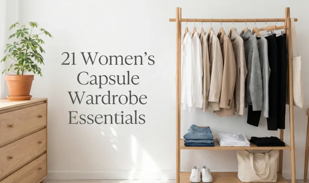 Feature image showing a minimalist wooden clothing rack with neutral outfits and text '21 Women’s Capsule Wardrobe Essentials' in a sunlit, MUJI-inspired room.