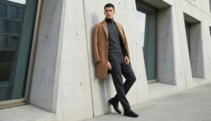 A man in a camel coat and grey turtleneck leans against a brutalist concrete building.